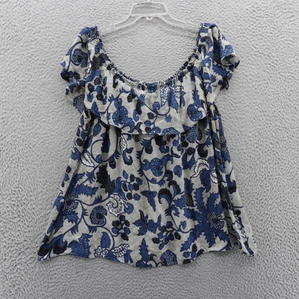 Michael Kors Blouse Size 2X Blue Floral Womens Ruffle‎ Off Shoulder Peasant Top